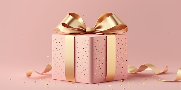 Uma caixa de presente rosa com uma fita de ouro isolada em fundo rosa