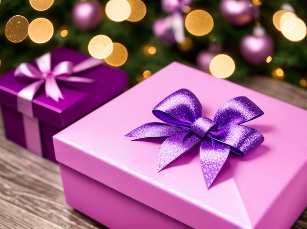 Foto uma caixa de presente roxa uma caixa de regalo roxa com um laço rosa e corações com um laco rosa e coraços nele