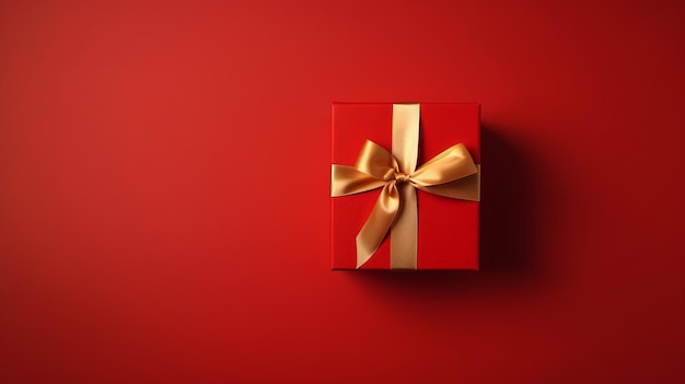 Uma caixa de presente vermelha com uma fita dourada e arco com um fundo em branco para espaço de cópia Generative AI
