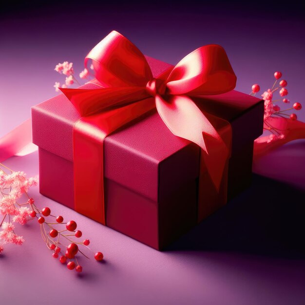Uma caixa de presentes com uma fita vermelha em um fundo roxo