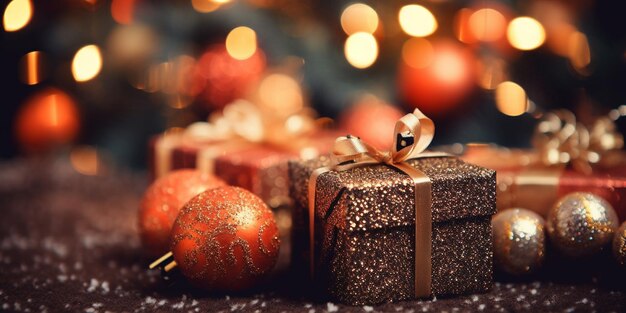 uma caixa de presentes de Natal com uma fita de ouro