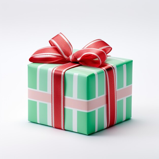 Uma caixa de presentes de Natal vermelha e verde com fundo branco