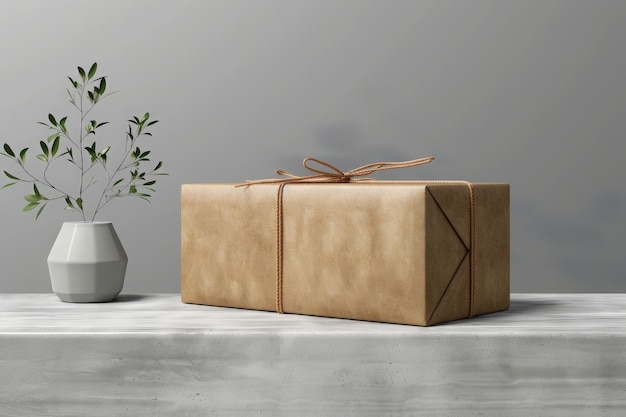 Uma caixa de presentes lindamente embrulhada fica ao lado de um vaso cheio de uma planta próspera, trazendo um toque de natureza ao momento da doação de presentes