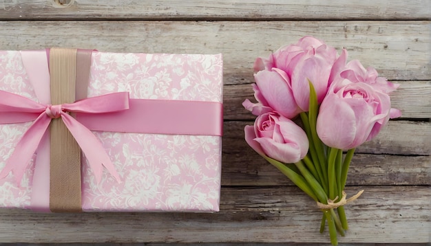 uma caixa de tulipas cor-de-rosa com uma fita amarrada em torno dela