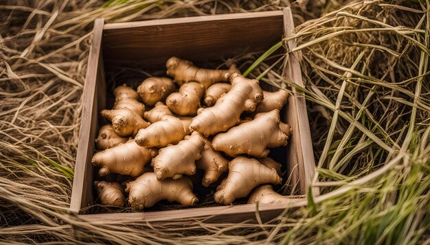 Foto uma caixa de vegetais de raiz de gengibre com uma caixa de madeira no meio