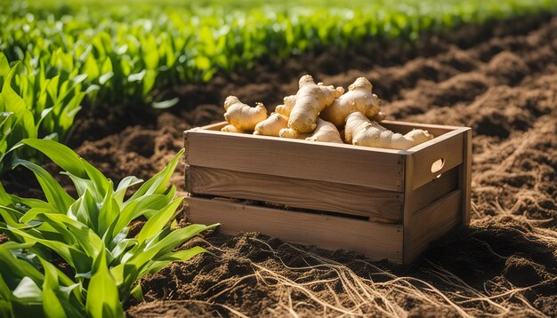 Foto uma caixa de vegetais de raiz de gengibre com uma caixa de madeira no meio