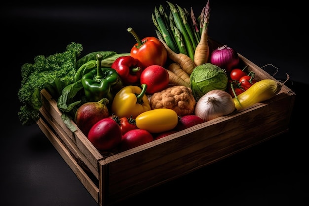 Uma caixa de vegetais em um fundo preto