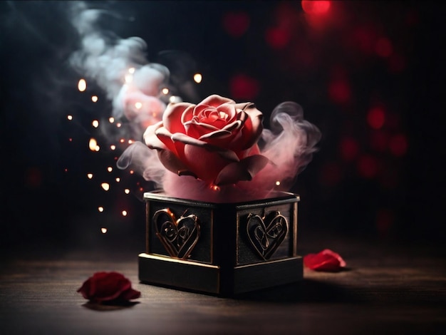 Uma caixa em forma de amor com uma rosa isolada em um fundo preto e efeito de fumaça