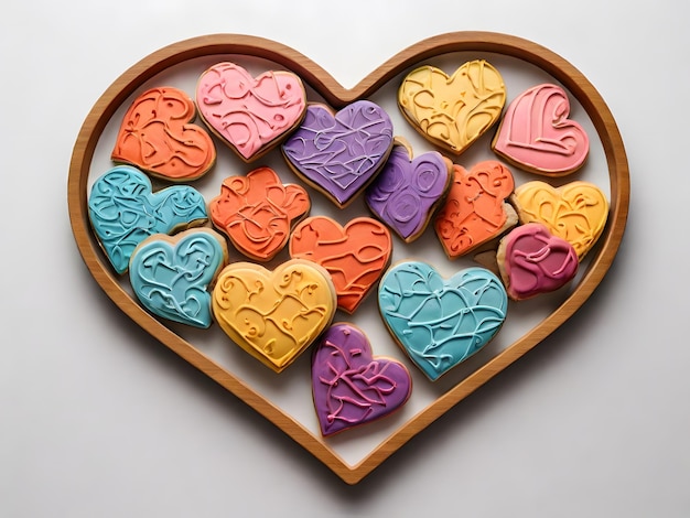 Foto uma caixa em forma de coração cheia de biscoitos em forma de corazón