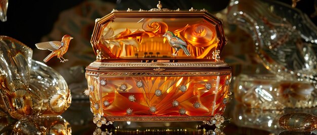 Foto uma caixa musical peter carl fabergstyle laranja e ouro