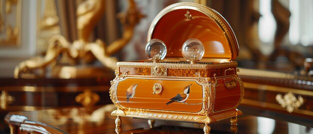 Foto uma caixa musical peter carl fabergstyle laranja e ouro