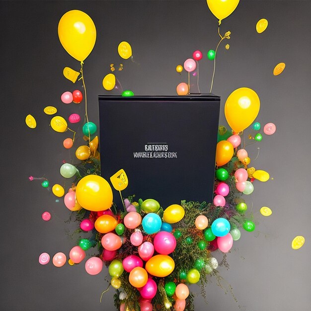Uma caixa preta na Black Friday com um monte de balões com caixa de presente