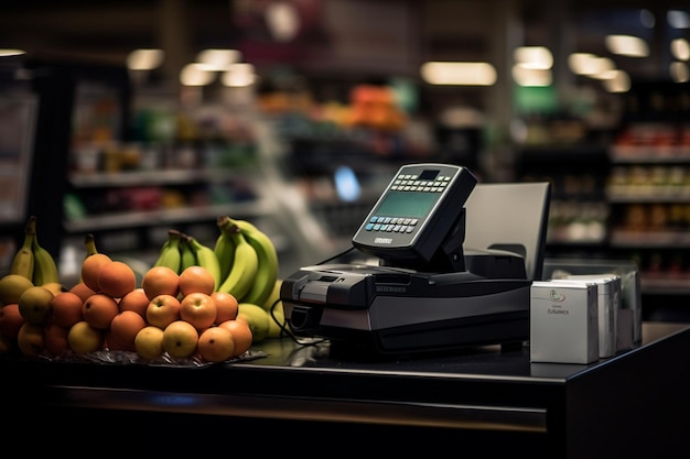 Uma caixa registradora com uma banana e uma caixa de bananas.