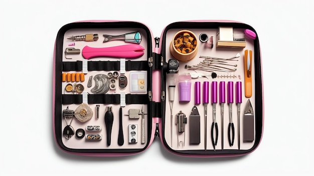 Uma caixa rosa e preta com ferramentas.