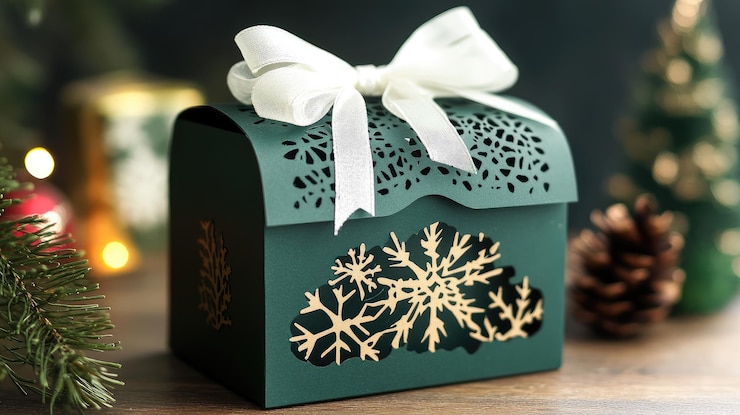 Foto uma caixa verde com uma fita branca e um laço branco é decorada com flocos de neve