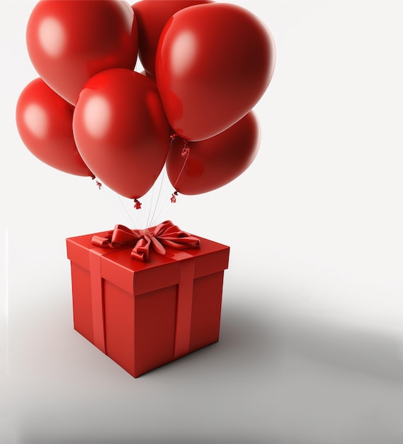 Uma caixa vermelha com balões e uma fita que diz "eu te amo".
