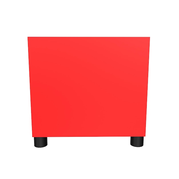 Uma caixa vermelha com rodas pretas e uma base de plástico preta.
