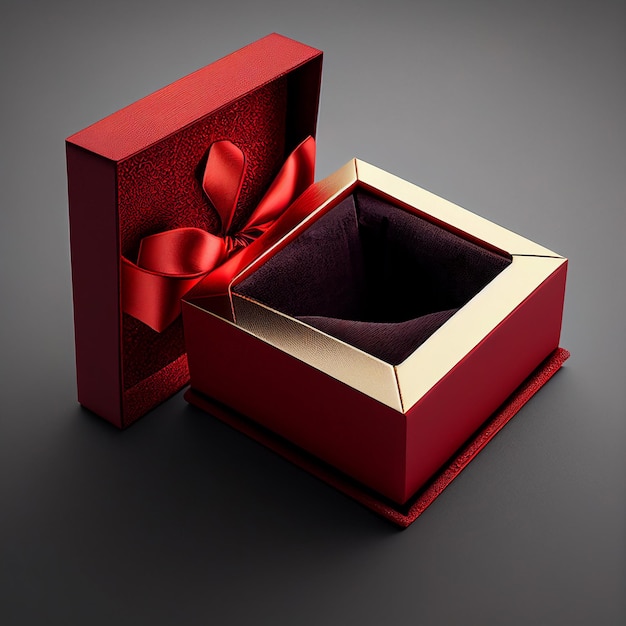 Uma caixa vermelha com uma fita vermelha e tampa dourada