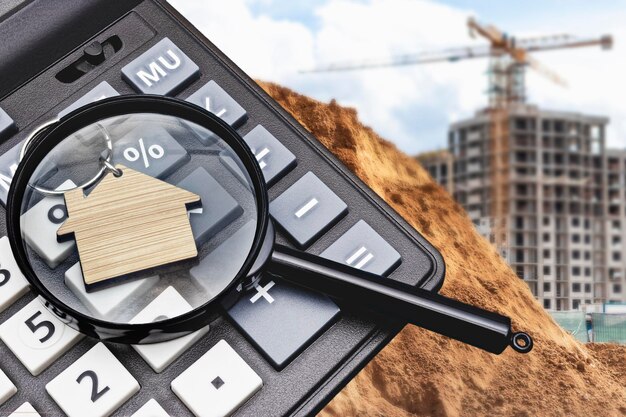 Uma calculadora com uma lupa e um chaveiro em forma de casa no fundo de um canteiro de obras Conceito de hipoteca imobiliária Comprar ou construir um novo aluguel de seguro residencial