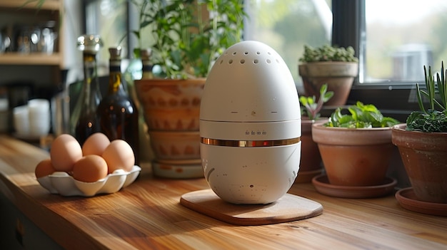 Foto uma caldeira de ovos inteligente com papel de parede pré-configurado para cozinhar