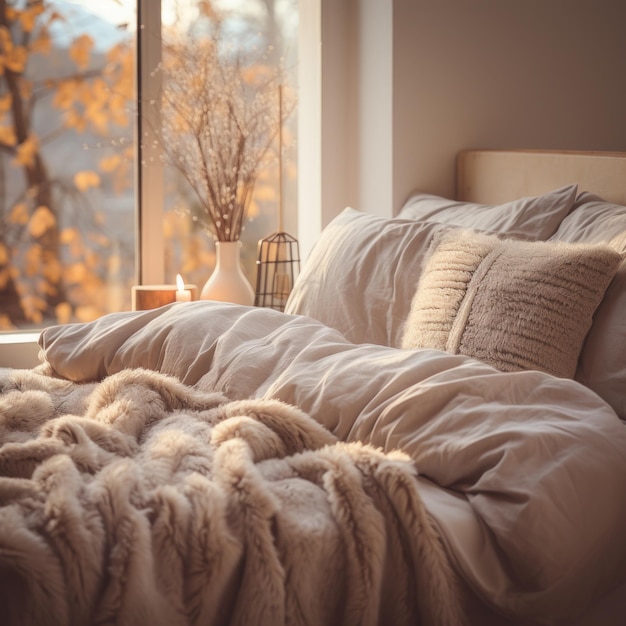 Foto uma cama aconchegante com cobertores e travesseiros fofinhos é visível em um quarto quente e convidativo