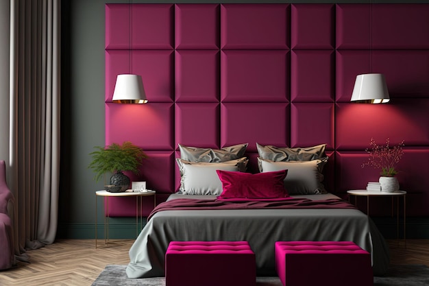 Uma cama cinza e veludo sotaque vermelho carmim vermelho bordô tons de marrom do design de interiores do quarto