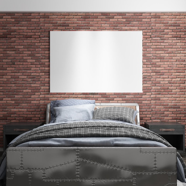 Uma cama com armação de metal e um quadro branco na parede.