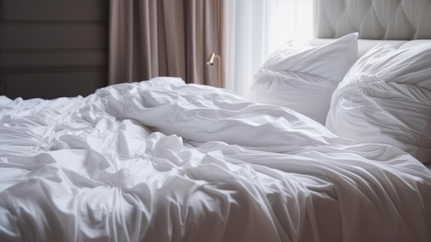 Uma cama com lençóis brancos e um travesseiro