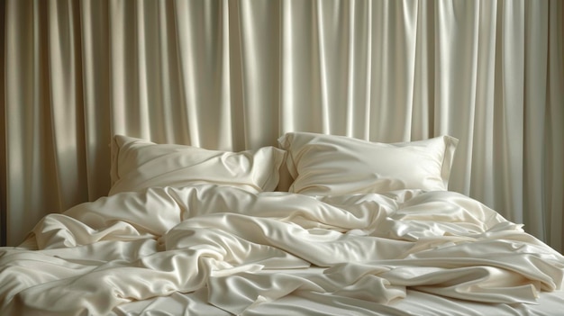 Uma cama com lençóis brancos está no interior do quarto de estilo boho