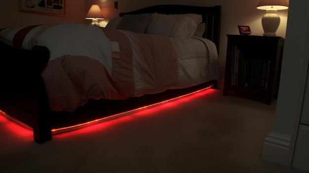 uma cama com luzes LED vermelhas