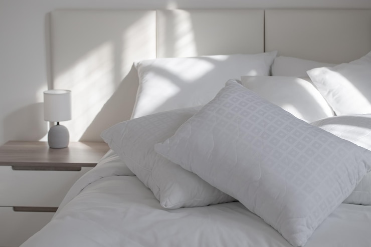 Foto uma cama com travesseiros brancos e um cobertor ao lado de uma mesa de cabeceira com uma lâmpada de luz do dia