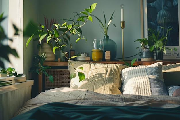 Uma cama com travesseiros e plantas em cima dela