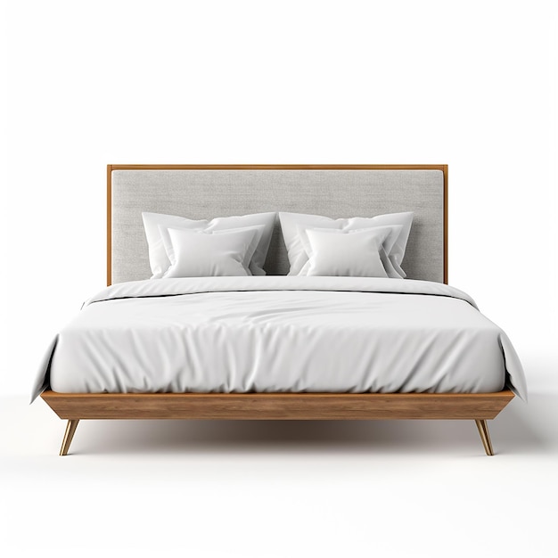 uma cama com um cobertor branco e uma estrutura de madeira com um fundo branco