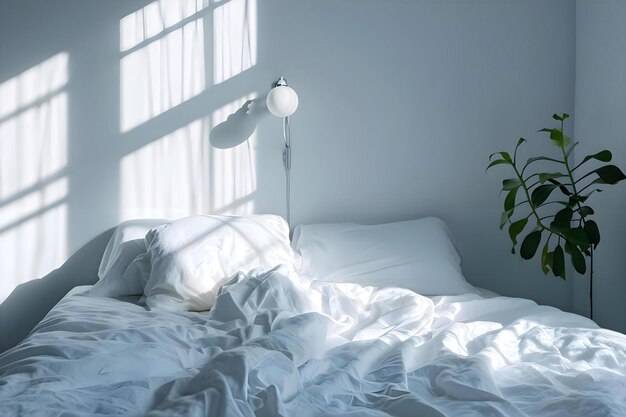 uma cama com um cobertor branco e uma planta