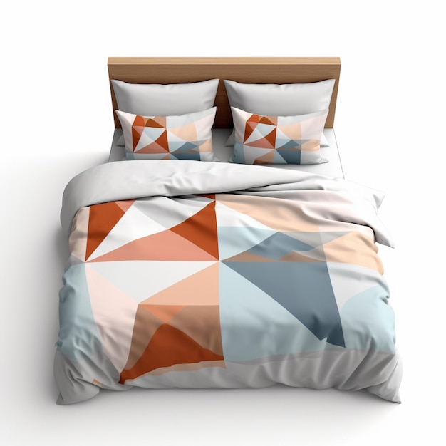 Uma cama com um cobertor e uma almofada com um padrão geométrico.