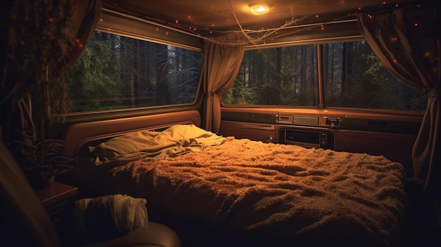 Uma cama com um cobertor e uma janela com as luzes acesas.