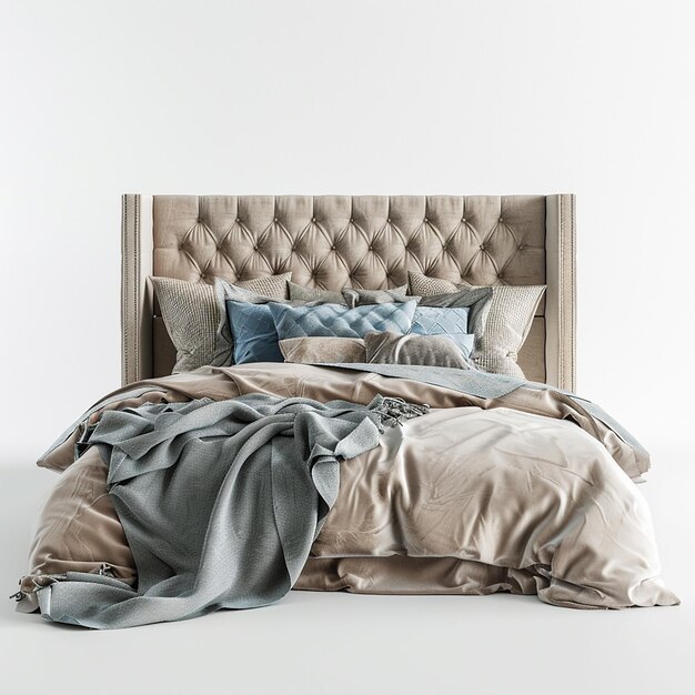 uma cama com um confortador azul e cinza e um confortador cinza