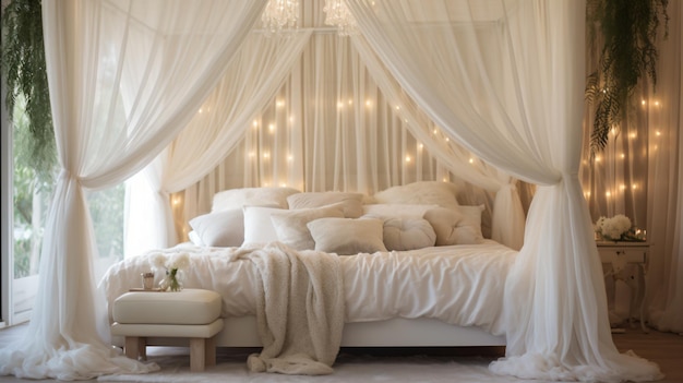 uma cama com um dossel e um cobertor branco