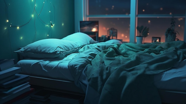 Uma cama com um travesseiro verde e um travesseiro azul com a palavra dormir.
