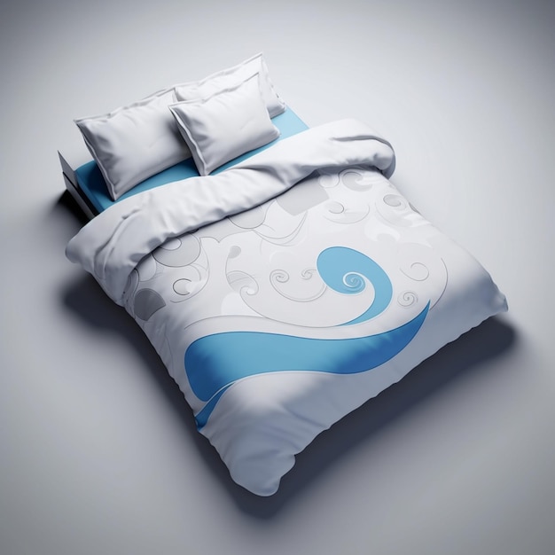 Uma cama com uma capa azul e branca e um desenho de redemoinho branco.