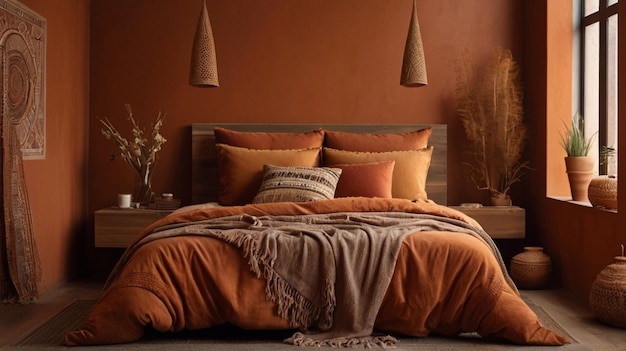 uma cama com uma cobertura marrom e um cobertor marrom sobre ela