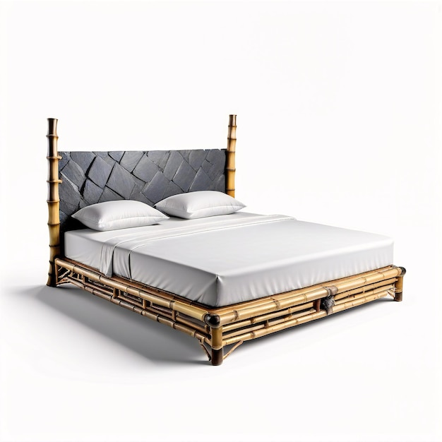 uma cama com uma estrutura de bambu e um lençol branco