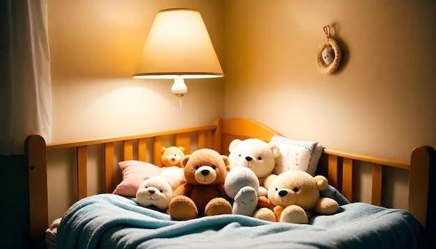 Foto uma cama com uma lâmpada e um animal de pelúcia