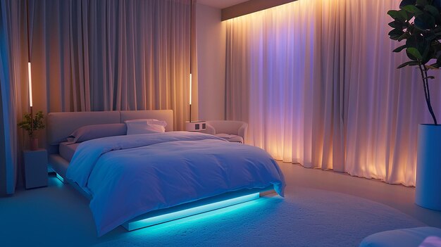 uma cama com uma luz azul na cama