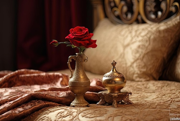 uma cama com uma rosa em um vaso vermelho no estilo de emoção romântica