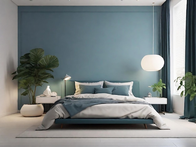 uma cama com uma roupa de cama azul e branca e uma planta no canto