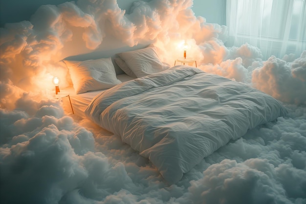 Uma cama confortável e aconchegante cercada por nuvens fofas perfeita para relaxar na hora de dormir.