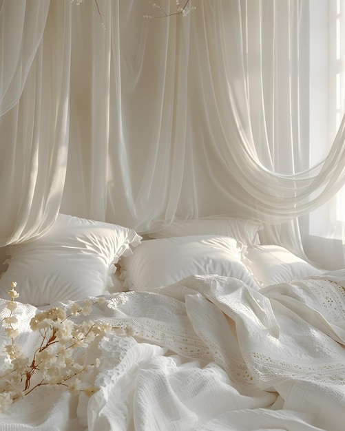 Uma cama de dossel com lençóis e travesseiros brancos cercados por uma cortina transparente