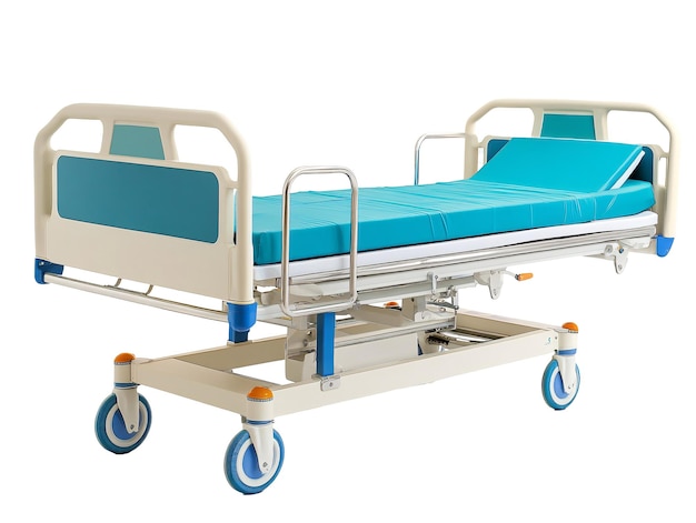 uma cama de hospital azul e branca