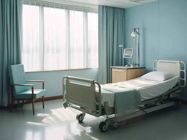 uma cama de hospital com uma cadeira azul no canto